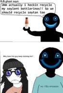 B_B_GHAST_(namefag) beanie blue_eyes clothes eyebrows frown glasses hair recycled soy soylent soylent_(cacao) soylent_bottle variant:soytan white_skin // 1088x1592 // 671.3KB
