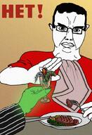arm bug closed_mouth clothes cyrillic_text ear eat_the_bugs fork glass glasses glowie glowing green_skin hair hand holding_object meat plate posted subvariant:chudjak_front text variant:chudjak variant:soyak // 616x900 // 147.3KB