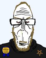 award black_shirt bloodshot_eyes booger brown_hair brown_stubble clothes coomer crying gooner pentagram series:coomers_&_gooners subvariant:euromutt template tired variant:markiplier_soyjak white_skin // 1039x1300 // 39.5KB