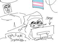 angry bed closed_mouth clothes computer flag glasses hair hat neet_sky oekaki soyjak soyjak_party subvariant:chudjak_front text thought_bubble tranny variant:chudjak // 315x233 // 8.0KB