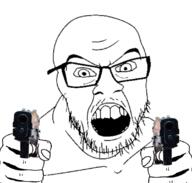 angry arm firearm glasses gun hand mustache open_mouth pointing pointing_at_viewer soyjak stubble variant:feraljak // 1117x1066 // 411.9KB