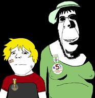 2soyjaks badge bandage biting_lip clothes crystal_cafe evil fat female femjak glasses hat nate ominous scared shadow smile soot_colors soyjak_party stubble subvariant:hornyson subvariant:shoyta variant:cobson variant:gapejak yellow_hair // 795x821 // 92.1KB
