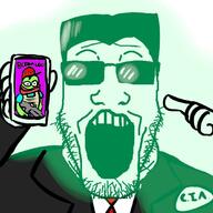 amphibian arm central_intelligence_agency clothes donald_trump frog glasses glowing hair hand holding_object maga nas:pepe necktie open_mouth pepe pepe_the_frog phone politics soyjak stubble suit sunglasses trend:glowie variant:markiplier_soyjak // 1078x1080 // 718.8KB