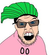 angry blue_eyes clothes glasses green_hair hair mustache new_zealander open_mouth pink_shirt self_insert soyjak stubble sunglasses variant:feraljak white_skin young_jock_(user) // 1500x1500 // 230.0KB