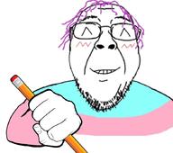 ^_^ anime blush closed_eyes flag glasses holding_object meta:low_resolution pencil purple_hair redraw smile soyjak stubble tranny variant:bernd // 888x788 // 296.2KB