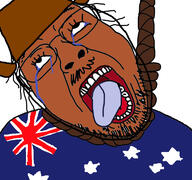 australia brown_skin clothes crying flag flag:australia glasses hanging hat mustache open_mouth rope soyjak star_(symbol) stubble suicide tongue variant:bernd // 768x719 // 167.2KB