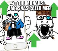 arm arrow clothes firearm glasses gun hand hat holding_gun holding_object holding_phone holding_pistol imgflip.com open_mouth sans scumbag_steve smoking soyjak stubble subvariant:phoneplier subvariant:phoneplier_vertical text thumbnail tshirt undertale upvote variant:markiplier_soyjak weapon weed youtube // 573x500 // 78.8KB