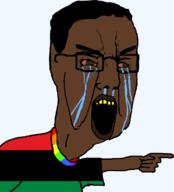 angry arm black_skin bloodshot_eyes clothes crying glasses hair hand lgbt open_mouth pan_african pointing soyjak tshirt variant:chudjak yellow_teeth // 679x749 // 63.3KB