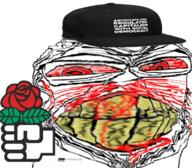 baseball_cap blood bloodshot_eyes clenched_teeth clothes cracked_teeth distorted ear flower glasses hand hat holding_object nosebleed plant red_eyes social_democracy soyjak stubble subvariant:feralrage teeth text variant:feraljak yellow_teeth // 800x700 // 722.3KB