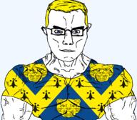 animal arm blue_eyes british buff closed_mouth clothes ear england eyes_like_the_o-o-cean flag flag:shropshire glasses hair leopard shropshire soyjak subvariant:chudjak_front subvariant:muscular_chud trend:aryan tshirt united_kingdom variant:chudjak vein yellow_hair // 1059x929 // 196.8KB