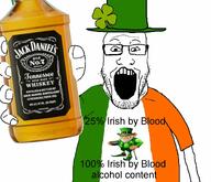 alcohol arm bottle clothes clover flag flag:ireland glasses hand hat holding_bottle holding_object ireland jack_daniels open_mouth soyjak stubble tenessee text variant:markiplier_soyjak whiskey // 1400x1200 // 210.1KB