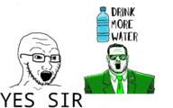 2soyjaks bottle central_intelligence_agency clothes ear glasses glowing hair necktie open_mouth plastic_bottle soyjak stubble suit sunglasses text trend:glowie variant:a24_slowburn_soyjak variant:soyak water water_bottle waterjak // 701x438 // 131.7KB