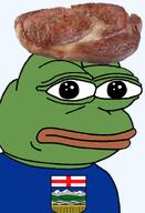 alberta alberta_beef amphibian bald beef canada canadian closed_mouth clothes country flag flag:alberta food frog green_skin irl lips looking_at_you nas nas:pepe pepe_the_frog providence series:pepe_hat steak transparent_background tshirt // 1008x1479 // 813.6KB