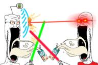 2soyjaks antenna clothes drinking glasses glowing_eyes holding_object laser lightsaber open_mouth orange_eyes pepper reddit shield snoo soy soyduel soyjak stubble subvariant:soyak_soymilk variant:soyak // 1222x820 // 875.6KB