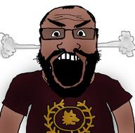 angry arm beard brown_skin clothes fume glasses gradient modern_roman open_mouth roman smoke soyjak subvariant:science_lover tshirt variant:gapejak variant:markiplier_soyjak // 800x789 // 303.4KB