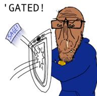 2soyjaks arm award beard brown_skin closed_mouth euromutt european glasses holding_object most_obsessed_faggot_award mutt negated objectsoy red_eyes sage shield shitskin smug stubble subvariant:euromutt sweater variant:markiplier_soyjak variant:unknown // 631x628 // 120.3KB