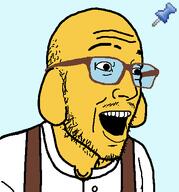 bald blue_background dog ear glasses janny mustache open_mouth overalls smile soyjak soyjak_party sticky stubble tinted_glasses variant:esam white_shirt wrinkles yellow_skin // 443x474 // 15.1KB