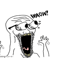 animated arm eyes_popping glasses hand hands_up open_mouth poyopoyo poyunpoyun soyjak stubble subvariant:waow text variant:soyak waow // 400x369 // 508.5KB