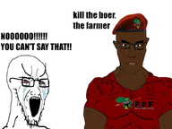 beret brown_skin crying glasses julius_malema looking_at_you looking_to_the_right mouth_open politics red_shirt subvariant:muscular_chud variant:chudjak variant:cryboy_soyjak white_background white_skin // 800x600 // 197.2KB