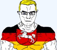 arm blue_eyes buff closed_mouth clothes country flag flag:lower_saxony germany glasses hair lower_saxony soyjak subvariant:chudjak_front subvariant:muscular_chud transparent transparent_background tshirt variant:chudjak vein yellow_hair // 1059x929 // 84.9KB