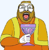 accessory beard blond blond_beard cdi clothes eyebrows glass glasses headband holding_glass holding_object king king_harkinian long_hair looking_at_you meta:dailyjak mustache open_mouth robe soyjak teeth teeth_showing tongue tongue_out variant:bernd wine wine_glass yellow_beard yellow_hair zelda // 455x460 // 8.6KB