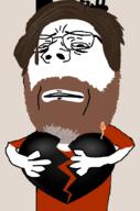 arm beard bomb broken brown_hair clothes eyebrows glasses hair hand heart height holding_heart holding_object jumpsuit looking_at_you meta:tagme sad soyjak subvariant:wholesome_soyjak ted_kaczynski teeth unabomber variant:gapejak white_hair white_skin // 676x1021 // 137.3KB