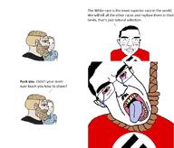 ^_^ bloodshot_eyes blush closed_eyes closed_mouth clothes crying ear hair hanging nazism nordic_chad open_mouth rope smile soyjak subvariant:patrick suicide swastika text tongue trad_wife variant:chudjak yellow_teeth // 841x719 // 133.4KB