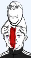 2soyjaks bisected blood bloodshot_eyes closed_mouth clothes crying ear glasses gore hair hand holding_object neutral ominous smile soyjak stubble subvariant:wholesome_soyjak track_suit variant:carterjak variant:gapejak variant:kuzjak // 784x1473 // 199.1KB