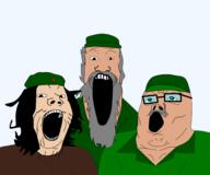 3soyjaks beard che_guevara clothes communism cuba fidel_castro glasses hat military_beret mustache open_mouth raul_castro redraw soyjak soyjak_trio stubble variant:gapejak variant:markiplier_soyjak variant:tony_soprano_soyjak white_hair white_skin // 3000x2500 // 687.3KB