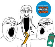 3soyjaks glasses hand holding_object open_mouth razor shave shaved shaving_cream soyjak soyjak_trio stretched_mouth variant:gapejak variant:markiplier_soyjak variant:tony_soprano_soyjak worlds_greatest_shave // 968x832 // 300.9KB