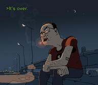 arm band-aid bandage body_hair building cigarette city closed_mouth clothes drawn_background ear garbage glasses greentext hair hairy hand highway holding_object its_over light moon nazism night redraw road sitting smoke smoking soyjak streetlamp swastika text trash variant:chudjak // 1232x1080 // 399.6KB