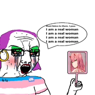 41 adams_apple anime bloodshot_eyes communism crying darling_in_the_franxx discord flag glasses hair hammer_and_sickle logo makeup mirror open_mouth purple_hair ring rope soyjak text tranny variant:chudjak zero_two // 1795x1381 // 469.3KB