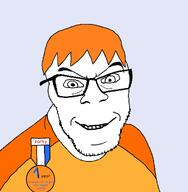badge clothes glasses hair open_mouth orange_hair smile smug soyjak soyzellig_party stubble text variant:feraljak zach zarty // 1470x1500 // 193.3KB