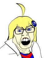 angry badge blue_eyes clothes female glasses hair knowyourmeme necktie open_mouth ornament soyjak subvariant:female_feraljak variant:feraljak white_skin yellow_hair // 1500x1800 // 148.2KB
