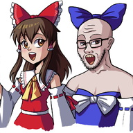 anime arm art bow brown_eyes clothes cosplay dress ear glasses hakurei_reimu hand oekaki open_mouth redraw soyjak stubble touhou variant:soyak video_game white_skin // 1408x1136 // 559.9KB