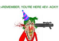 4chan ack angry anime blood bloodshot_eyes broken_teeth clenched_teeth clothes firearm glasses green_hair greentext hair nosebleed party_hat red_eyes soyjak stubble subvariant:feralrage text variant:feraljak weapon white_skin wrinkles yellow_teeth yotsoyba // 1169x821 // 264.0KB