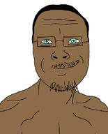 blue_eyes brown_skin closed_mouth glasses hair mustache smile soyjak stubble variant:avery // 643x795 // 21.9KB