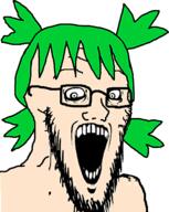 4chan anime crazed glasses green_hair hair looking_at_you open_mouth soyjak stretched_mouth stubble subvariant:soyak_(crazed) variant:soyak white_skin yotsoyba // 322x404 // 60.7KB