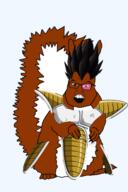 animal anime armor dragon_ball_super dragon_ball_z full_body glasses hair open_mouth soyjak subvariant:feralsquirrel tail trend:squirreljakking variant:feraljak vegeta // 340x512 // 116.6KB