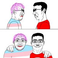 2soyjaks angry chud_troon_alliance closed_mouth clothes glasses hair hand hugging no_more_brother_wars smile stubble teeth tranny variant:bernd variant:chudjak // 1800x1791 // 280.9KB