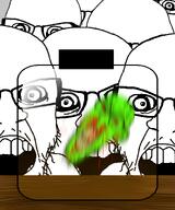 angry blood blood_from_mouth bloodshot_eyes cracked_teeth crazed ear eyebrows glasses green_skin head jar multiple_soyjaks nosebleed open_mouth soyjak stubble subvariant:feralrage teeth variant:feraljak vein // 1500x1800 // 971.3KB