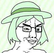 closed_mouth clothes crystal_cafe glasses green_eyes green_hair hair hat smile smug soyjak variant:chudjak // 929x898 // 198.4KB