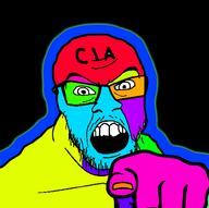 central_intelligence_agency colorful glasses glowing hand mustache open_mouth pointing pointing_at_viewer soyjak stubble text variant:feraljak // 994x989 // 76.8KB
