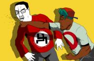 angry black_skin blue_hair cap closed_mouth clothes deformed_swastika fist fnf_pedo frown glasses hair hat lips looking_to_the_left looking_to_the_right open_mouth pol_(4chan) prohibition_sign punch shading shadow soyjak template thick_eyebrows variant:chudjak yellow_background yellow_sclera // 2352x1541 // 401.9KB
