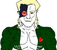 anime blue_eyes buff clothes cyborg ear front_facing hair heart hearts i_love jojos_bizarre_adventure mechanic nazism rudolph_von_stroheim schutzstaffel sectionalism_is_keyed soyjak subvariant:muscular_chud text variant:chudjak yellow_hair // 1059x929 // 88.8KB