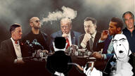 adolf_hitler andrew_tate back bald cigar clothes donald_trump elon_musk glasses hair hand_on_chin jeffrey_epstein jordan_peterson pipe poker shushing smoke smoking soyjak stubble suit table variant:chudjak variant:cobson // 1620x914 // 262.7KB