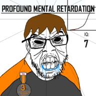 angry anti_soybooru badge bald black_eyes black_hole black_sclera brown_hair chud_(boorufag) chud_(soybooru) clenched_teeth closed_mouth clothes cracked_teeth dan drool ear glasses hair iq iq_bell_curve mustache nightmare_fuel no_pupils open_mouth profound_mental_retardation retard smile smug soybooru soyjak stubble text variant:feraljak white_skin wrinkles // 1024x1024 // 250.6KB