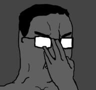 animated glasses glowing glowing_eyes glowing_glasses grey hair hand smug soyjak variant:chudjak // 823x770 // 838.8KB