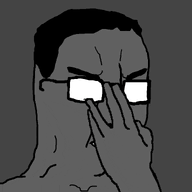 animated glasses glowing glowing_eyes glowing_glasses grey hair hand smug soyjak variant:chudjak // 823x770 // 838.8KB