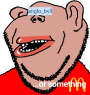 amerimutt anglo_bvll_(namefag) black_sclera brown_skin clothes ear lips mcdonalds mutt open_mouth or_something red_shirt soybooru soyjak stubble subvariant:impish_amerimutt united_states variant:impish_soyak_ears // 598x628 // 44.5KB